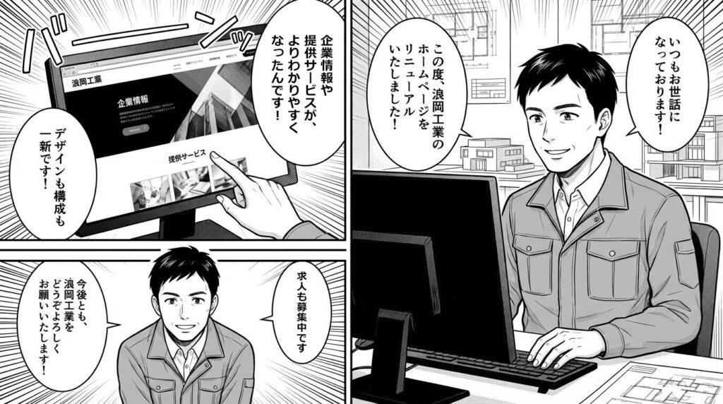 男性がパソコン画面を指差し、ホームページリニューアル完了を報告しているイラスト